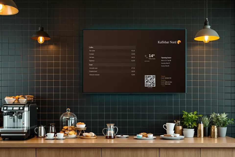 A TV above a café counter showing the menu with prices, opening hours, the weather, an order QR code and upcoming events.