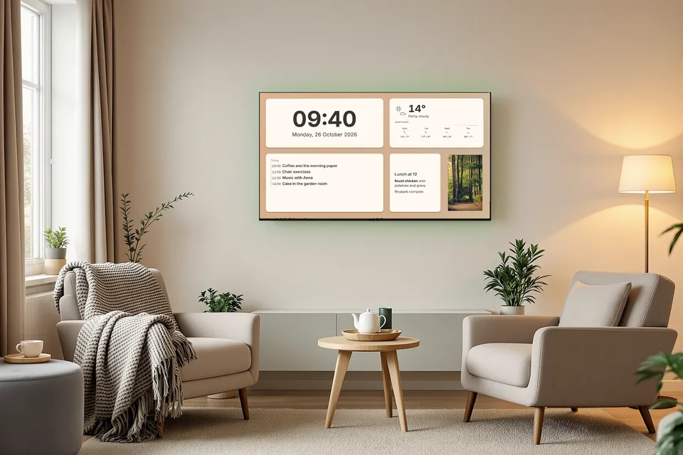 A TV in a care home common room showing the time, the day and date, the weather, today's activities, the lunch menu and a photo.
