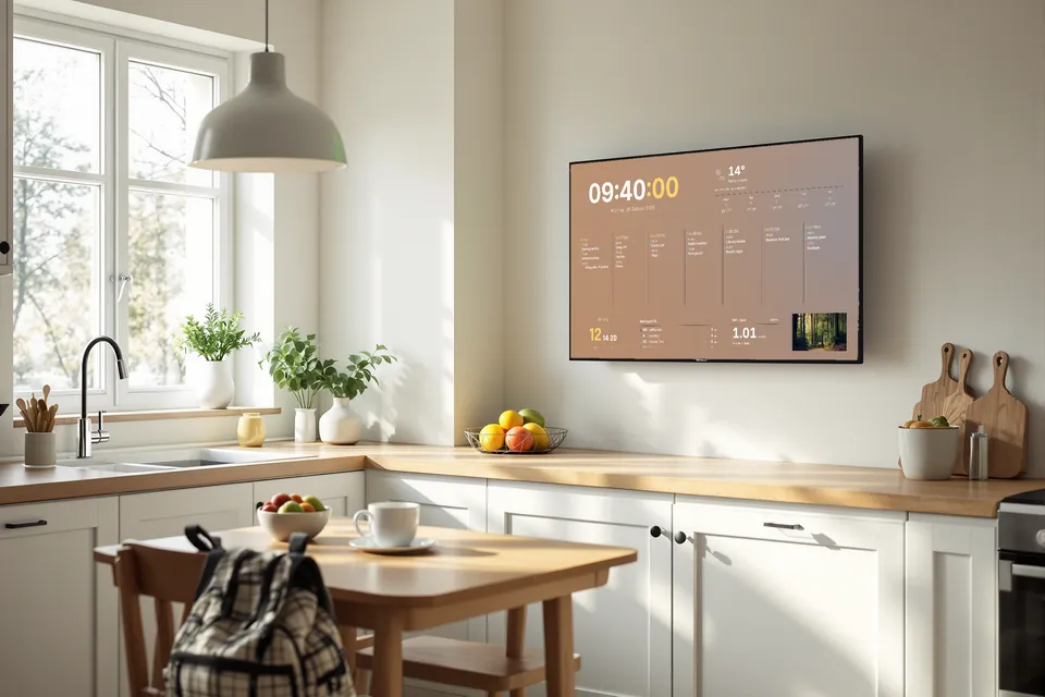 A TV on a family kitchen wall showing the time, the weather, the week's calendar, a birthday countdown, departures and the electricity price.