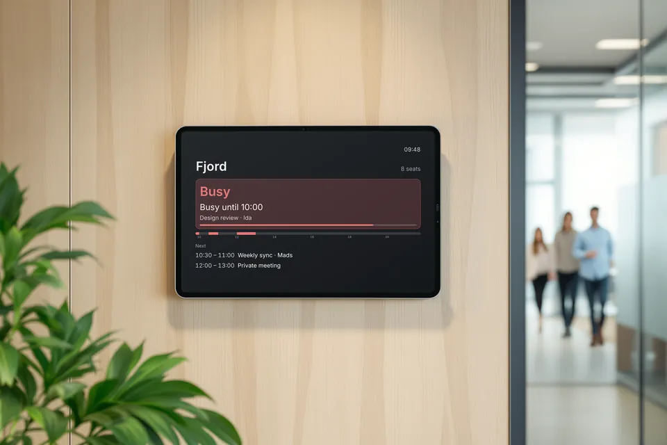 A tablet on an office wall beside a meeting-room door, showing the Fjord room as busy with the time left.