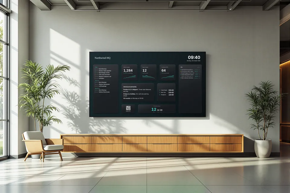 A TV in a calm office reception showing today's meetings, three key figures, announcements, world clocks and a guest Wi-Fi code.