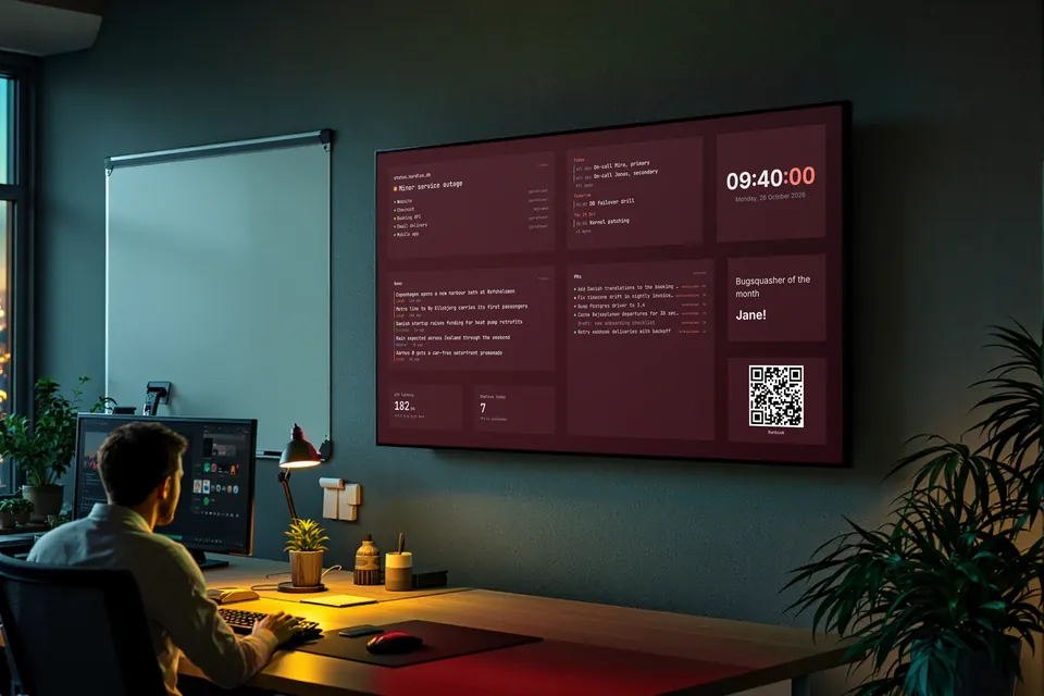 A TV at the end of a software team's office showing service status, the on-call rota, news, pull requests, latency and deploy counts.