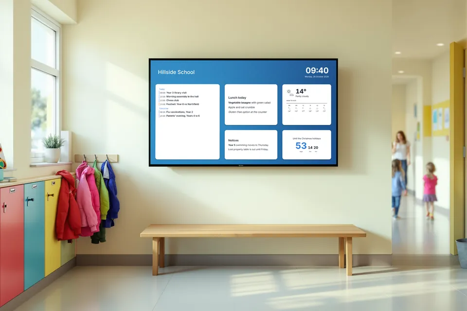 A TV in a school hallway above a bench, showing today's events, the lunch menu, the weather, notices and days until the holidays.